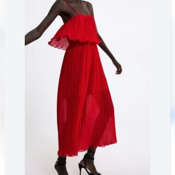ZARA Red Pleated Flowey Spaghetti Strap Cropped One-piece Jumper - Picture 9 of 9